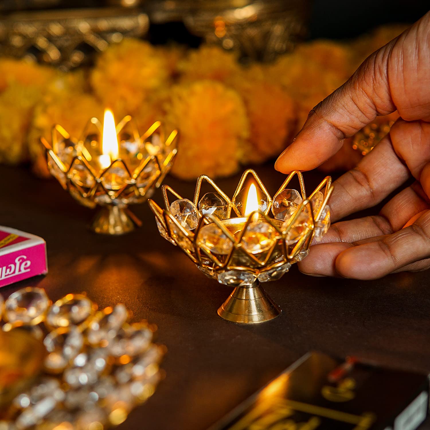 Craftlayout Crystal Diya, Golden 2 Inch (Pack Of 2)