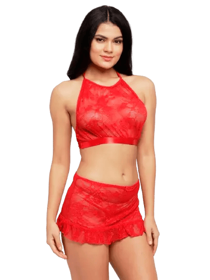 Lace High Neck Crop Top Bra Short Skirt Set