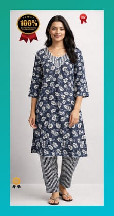 Women Grey Floral Printed Kurti Pant Set | Cotton Blend Fabric | 3/4 Sleeves Daily Wear Ethnic Set Women Grey Floral Printed Kurti Pant Set | Cotton Blend Fabric | 3/4 Sleeves Daily Wear Ethnic Set