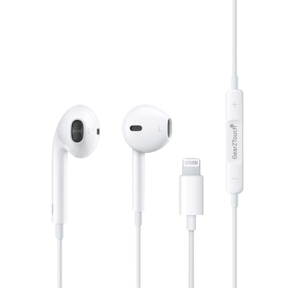 GEARZTOUCH Pulse-ISHOT with Lighteenning JackWired Earphone with Powerful HD Mic for Clear Sound, in-Line Volume Controller Compatible with iPhone 14/13/12/11 Pro Max Xs/XR/X/7/8 Plus - All iOS-White