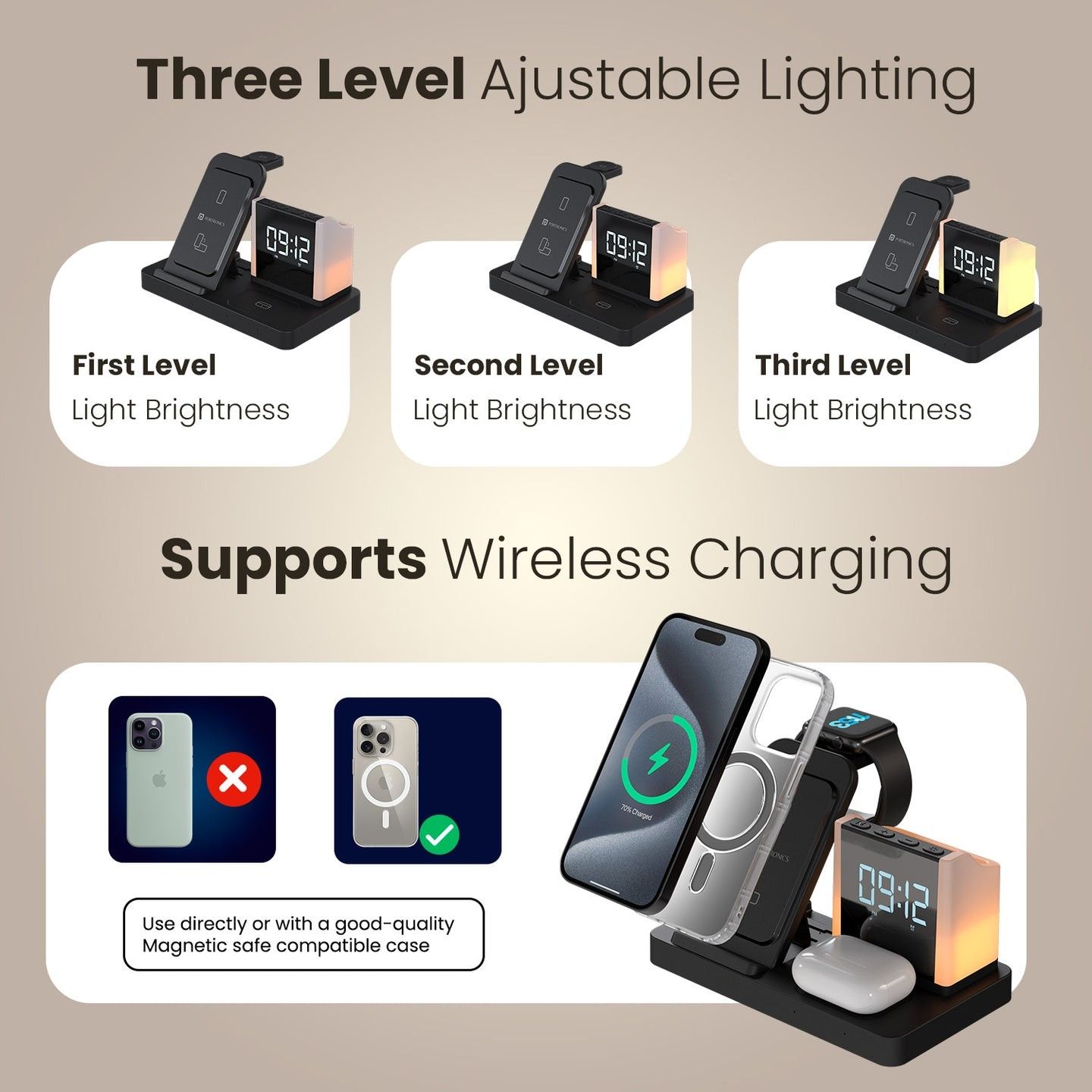 Portronics Hexacharge Wireless Charging, Digital Alarm Clock, Pen Stand, LED Lamp - Black