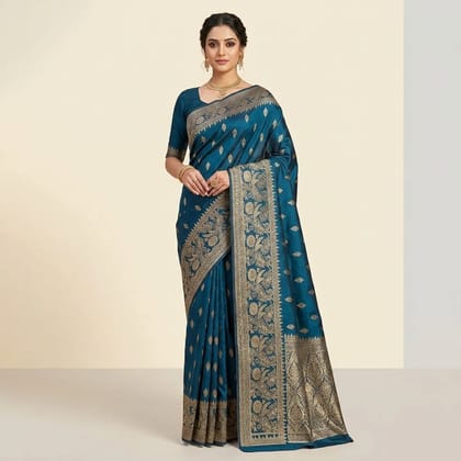 Blue Banarasi Satin Zari Woven Golden Border Saree For Women
