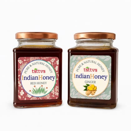 IndianHoney Red Honey with Ginger Honey Combo (Pack of 2) | Pure & Natural | 1kg (500g Each) | Unprocessed & Unfiltered Natural Sweetener