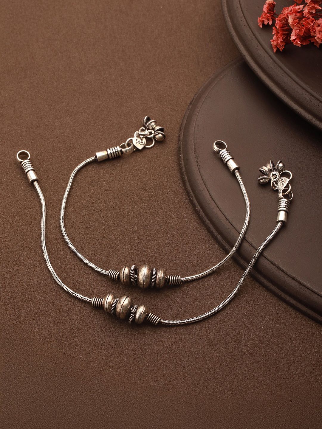Set of 2 Silver Oxidised Balls Minimal Dailywear Anklet Payal