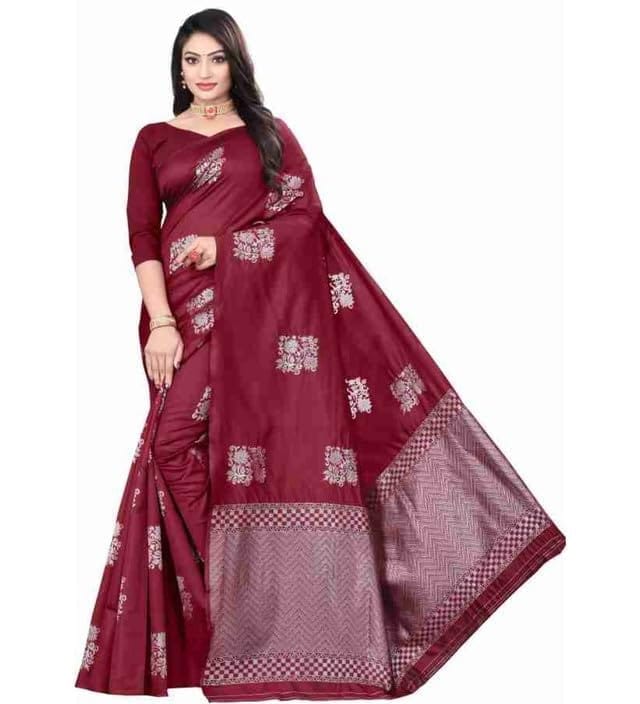 Women's Soft Lichi Silk Printed Saree With Unstitched Blouse 5.5Mtr (Maroon)-PID63579