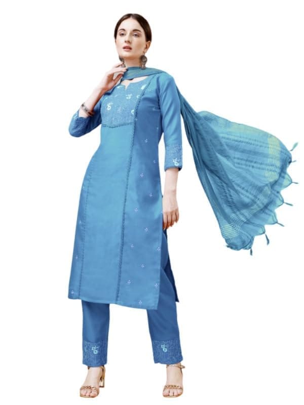 Women's Casual 3-4 th Sleeve Embroidery Cotton Kurti Pant Dupatta Set (Sky Blue, S)-PID50284
