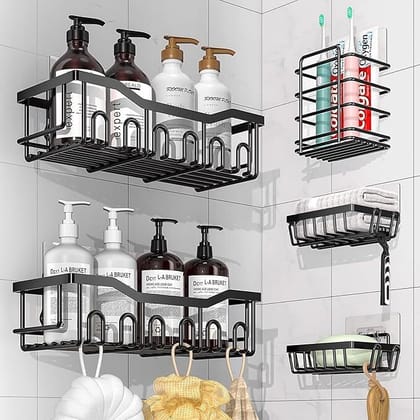 YUVORA Wall Mounted Shower Storage Corner Shelf Holder Decorative for Bathroom &Kitchen Stainless Steel Wall Shelf (Number of Shelves - 1, Black)