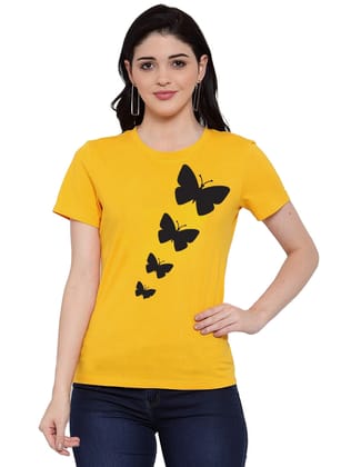 Women's Cotton Blend Butterflies Printed T-Shirt M (Yellow)