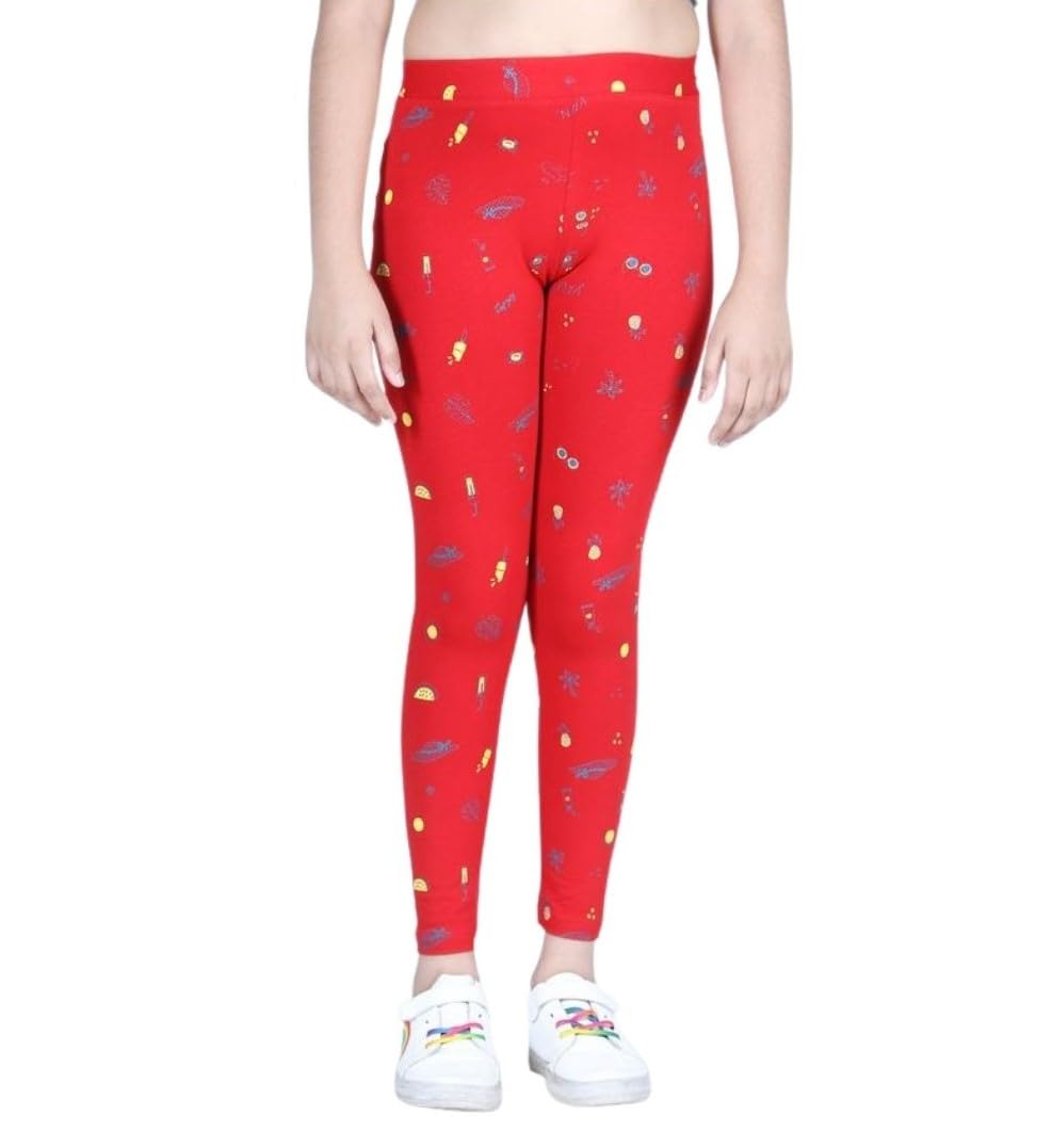 Girl's Cotton Blended Printed Elasticated Leggings (Red, 5-6-Yrs)-PID66136