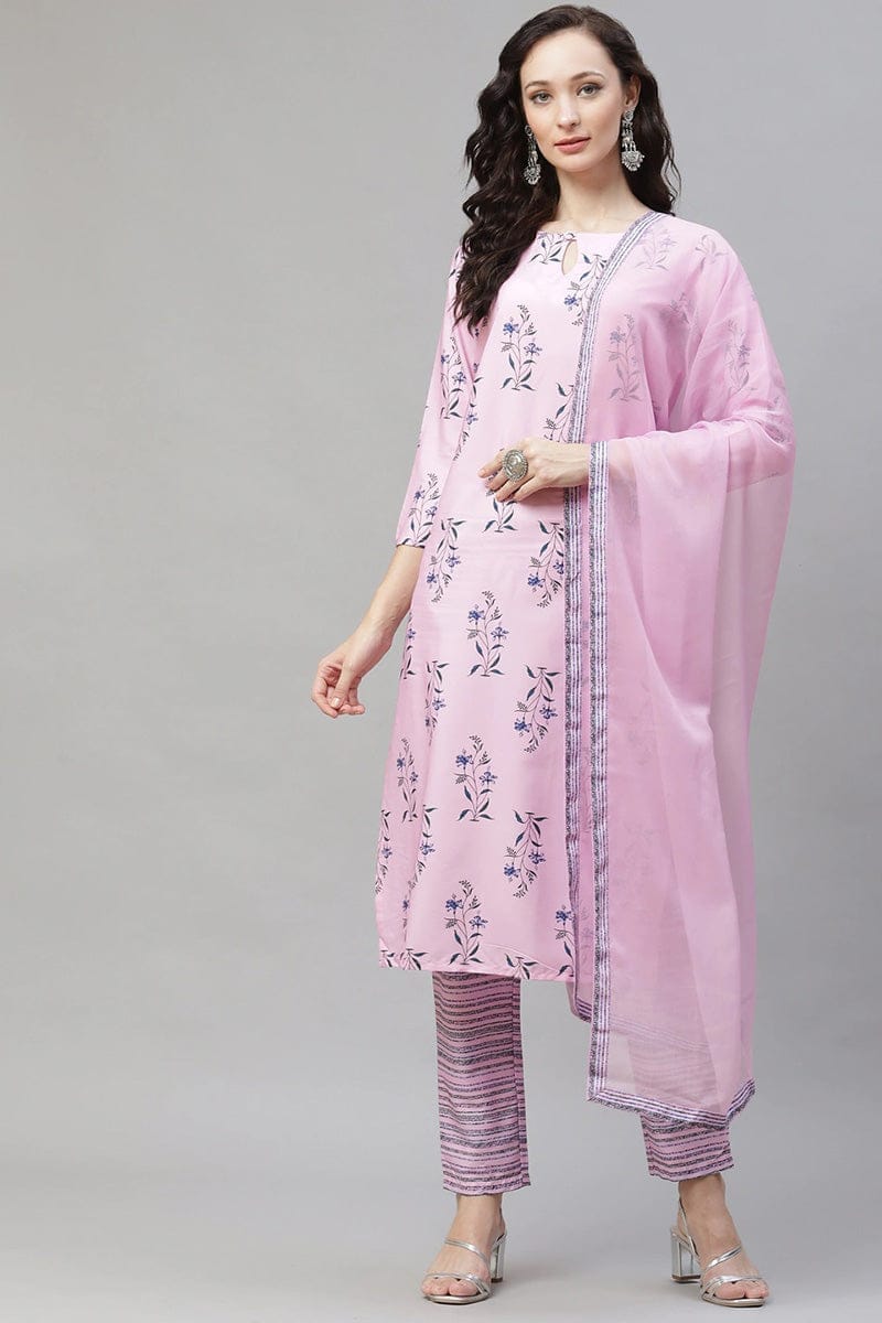 Pink Polyester Floral Print Straight Suit Set PKSKD1045