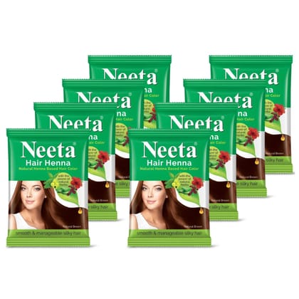 Neeta Hair Henna Powder Hair Color with 5 Herbs Natural Brown 25gm Pack of 8, Ammonia Free Hair Colour for Women & Men