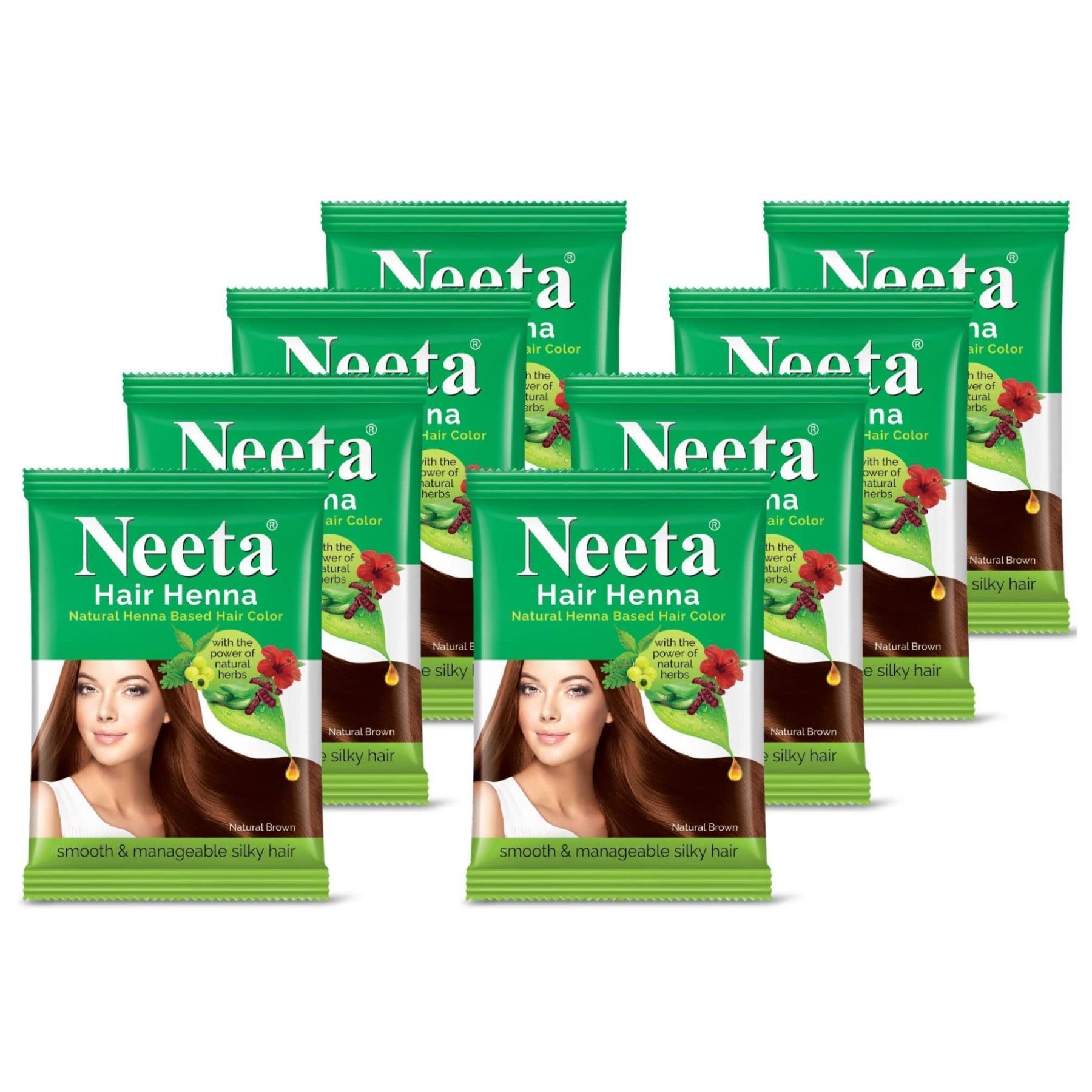 Neeta Hair Henna Powder Hair Color with 5 Herbs Natural Brown 25gm Pack of 8, Ammonia Free Hair Colour for Women & Men