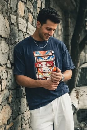 Hue Nox Men's Navy Big Anime Eyes Graphic Oversized T-Shirt