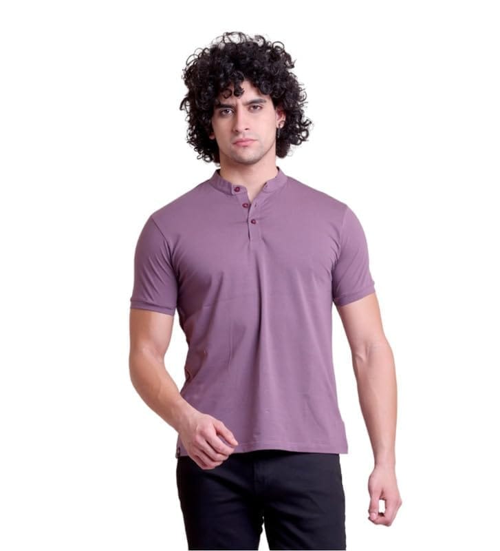Men's Casual Cotton Solid Half Sleeve Mandarin Collar T-Shirt (Berry, M)-PID57328