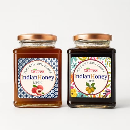 IndianHoney Sidr & Litchi Honey Combo (Pack of 2) | Pure & Natural | 1kg (500g Each) | Unprocessed & Unfiltered Natural Sweetener