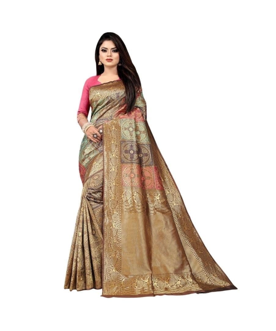 Women's Soft Lichi Silk Printed Saree With Unstitched Blouse 5.5Mtr (Gold)-PID63551