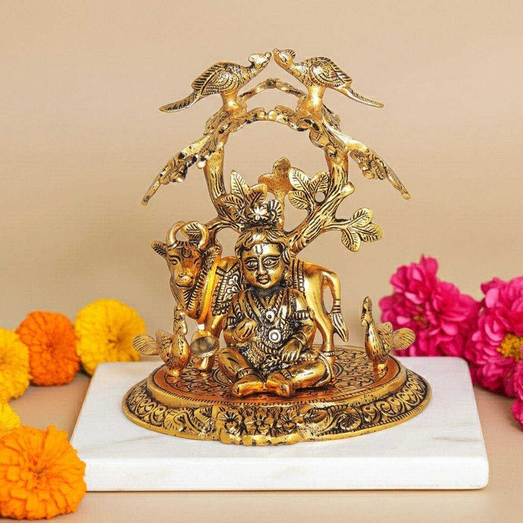 Aluminium Showpiece Laddu Gopal Tree Cow Statue (ASMAS452 G)