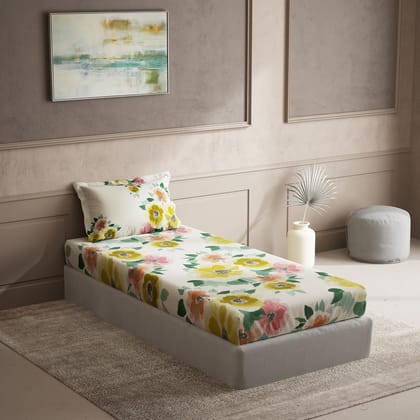 DDECOR - Cherish Collection 100% Cotton Floral Pattern 150TC Single Bedsheet|152 CM X 224 CM| - Yellow