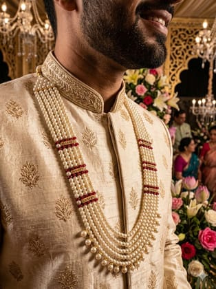 traditonal layered dulha white and red moti pearl necklace with hanging pearl drops