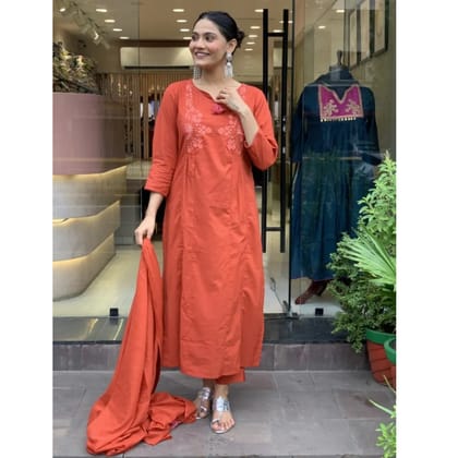 Orange Cotton Kurta Set With Embroidery Work