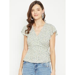 PURYS Women Green Printed Wrap Top