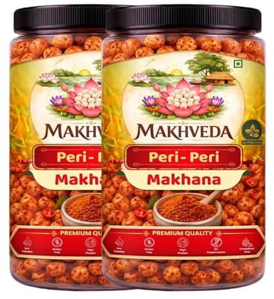 MAKHVEDA - Peri-Peri Makhana | Roasted Fox Nuts | Popped Lotus Seeds | Healthy Snack | Low Calorie, High Protein, Gluten Free | Spicy & Crunchy ( 80g x 2 Pack )