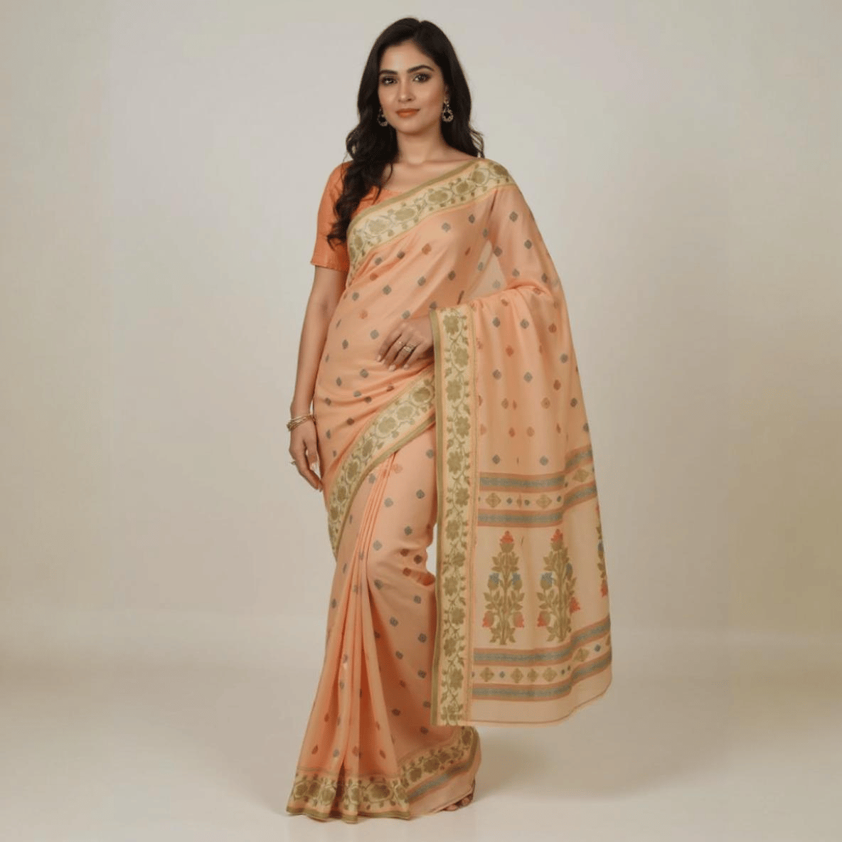 Bengal Floral Border Peach Cotton Tangail Saree