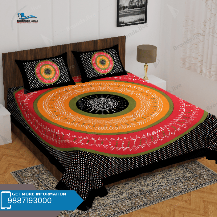 3001-Hometrade India-Standard King Size (90*108 Inches)-Pure Cotton Jaipuri Double Bedsheet With Matching Pillow Cover