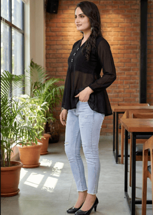 Black Georgette V-Neck Peplum Top Black Georgette V-Neck Peplum Top
