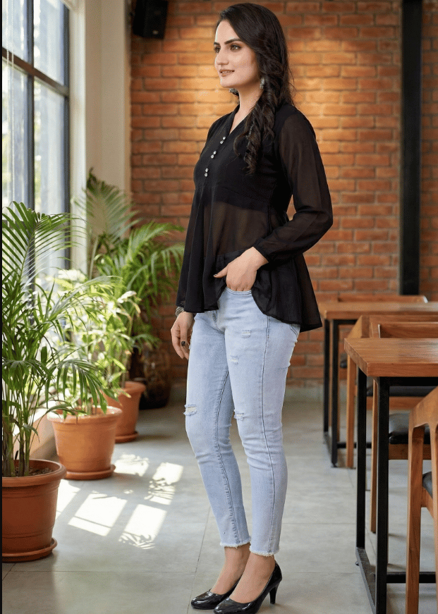 Black Georgette V-Neck Peplum Top