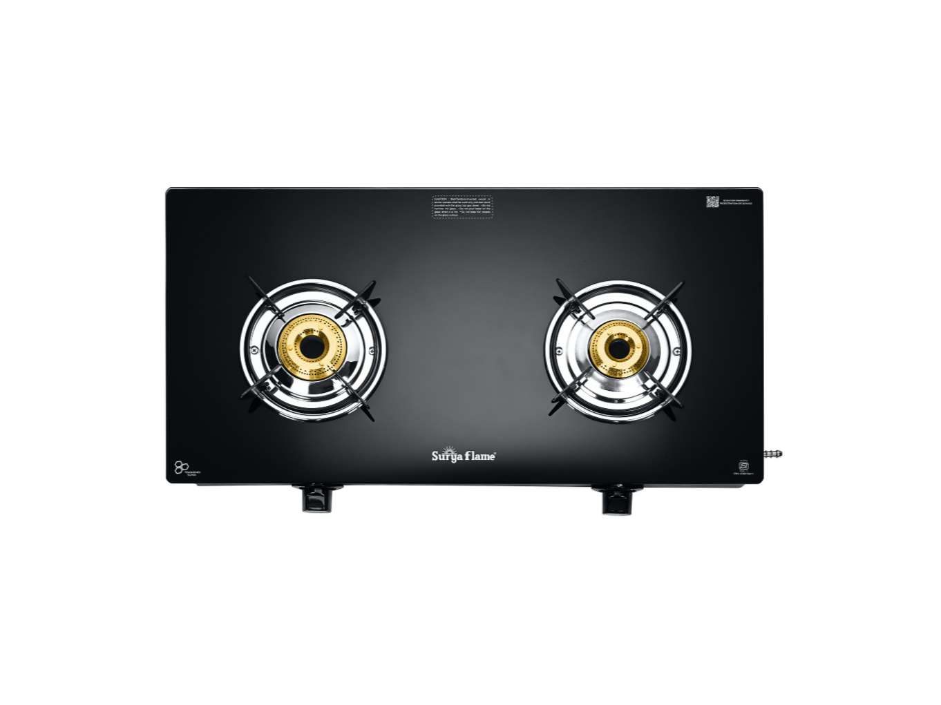 Surya Flame Maestro 2-Burner Gas Stove, Toughened Glass Top, 2 Tri-Pin Brass Burners, Manual Ignition, 69%+ Efficiency, ISI Certified - Black