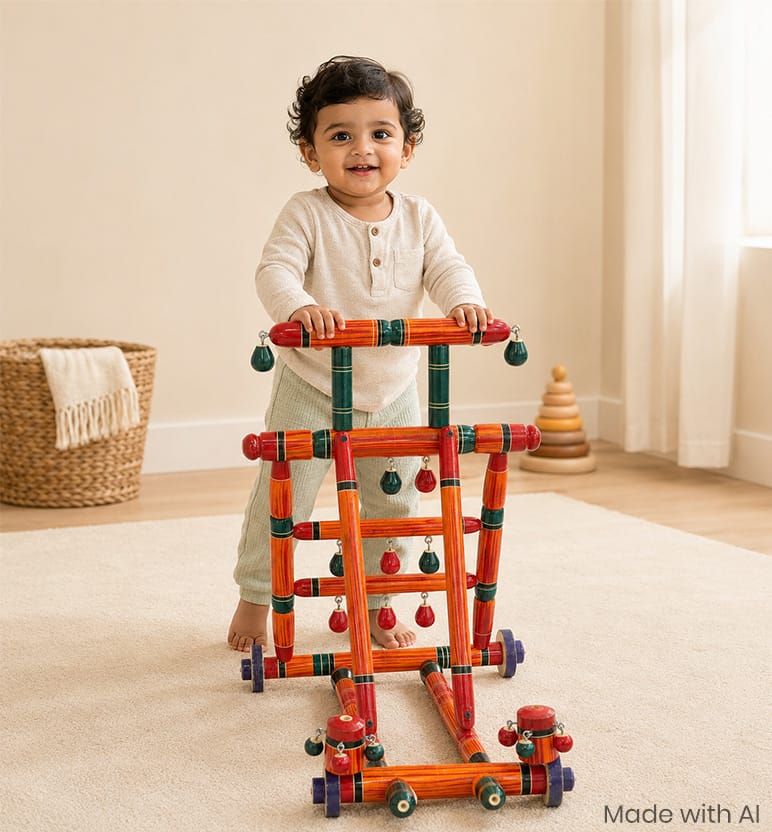 Handcrafted Lacquerware Wooden Baby Walker- Medium