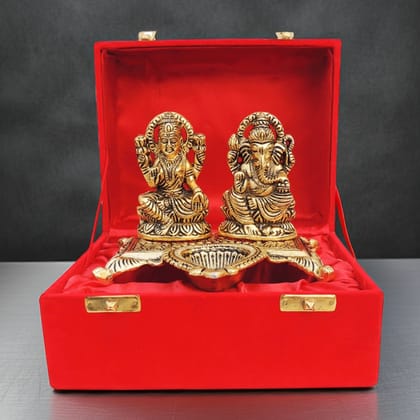 Aluminium Laxmi Ganesh Deepak Showpiece | Auspicious Diwali Puja Murti, Height : 4.2 Inch (ASMAS370 G)