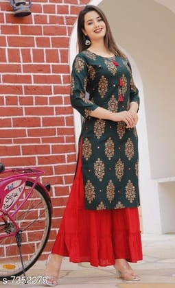 Rekha fashion Stylish Bottle Green Kurti With Red Sharara Fashionable Women Kurta Sets Rekha fashion Stylish Bottle Green Kurti With Red Sharara Fashionable Women Kurta Sets