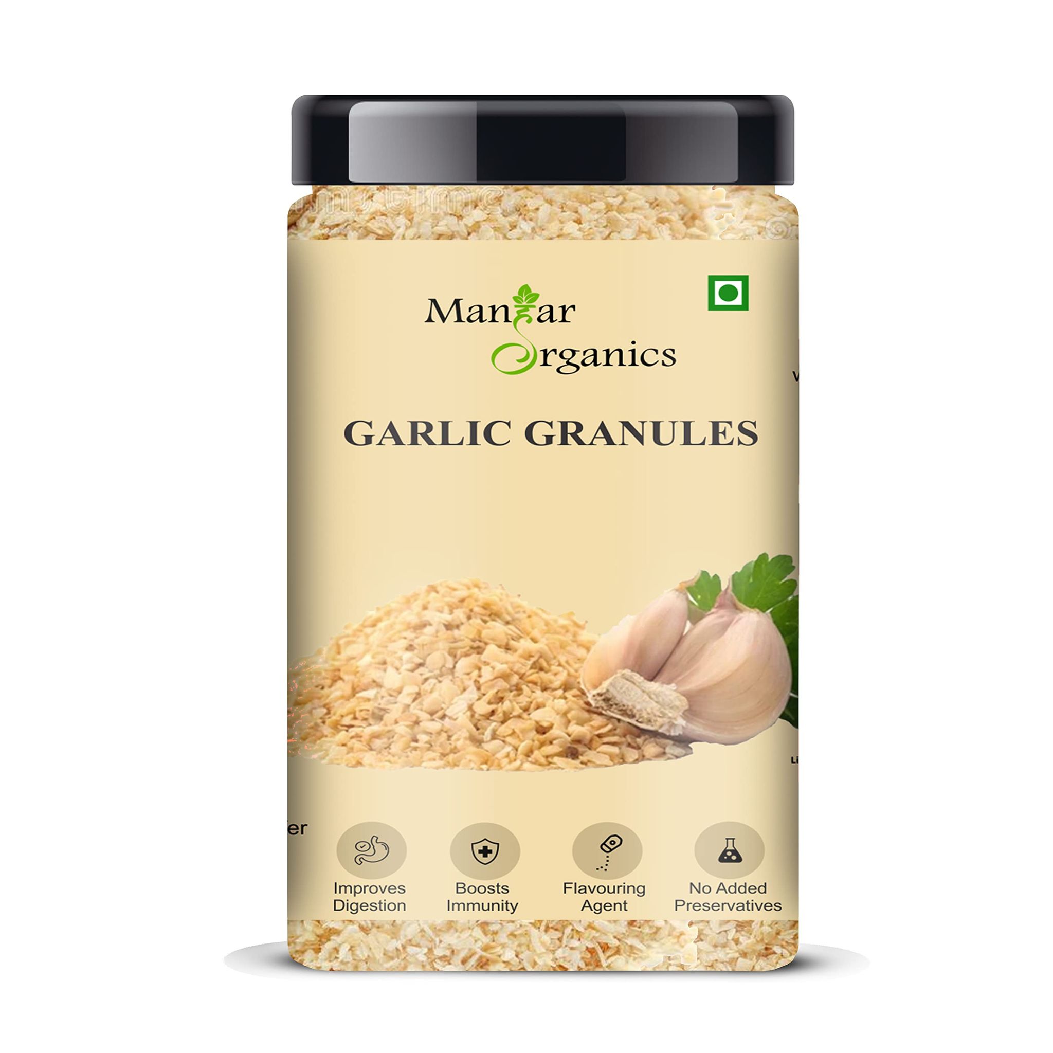 Mangar Organics Garlic Granules - Dehydrated Garlic | Strong Aroma & Bold Flavor | Ideal for Seasoning, Marinades & Dry Rubs - Jar 425gm