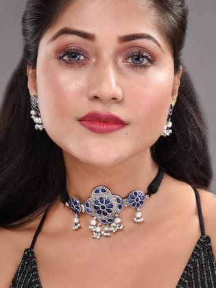 Silver Oxidised Blue Stone Studded Tribal Choker Jewellery set