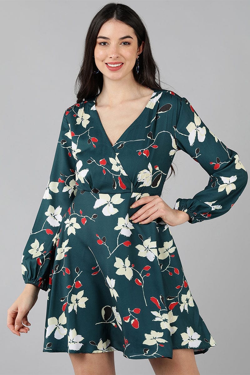 Green Polyester Floral Print Flared Mini Dress VD1160