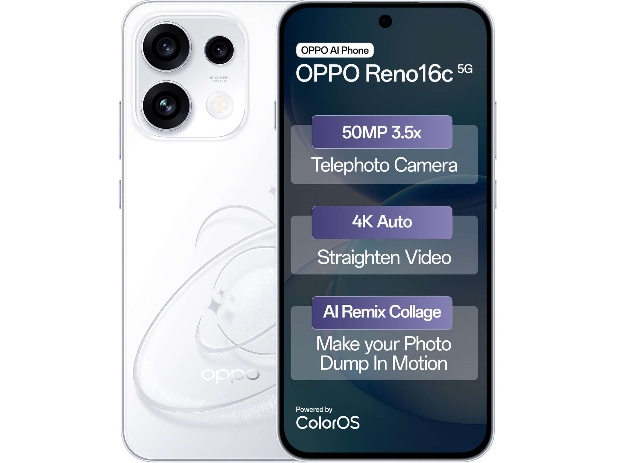 OPPO Reno 16c 5G Smartphone, 8GB RAM, 128GB Storage - Starry White