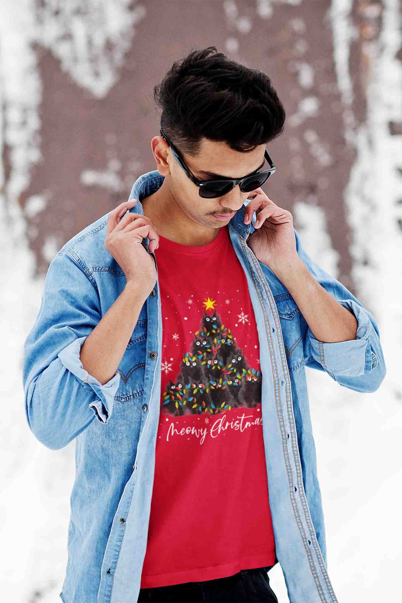 Round Neck T-Shirt (Men) - Meowy Christmas (9 Colours)