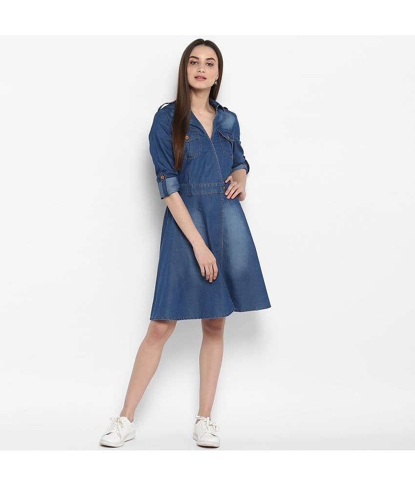 StyleStone Women Denim Fit & Flare Dress ( Blue )