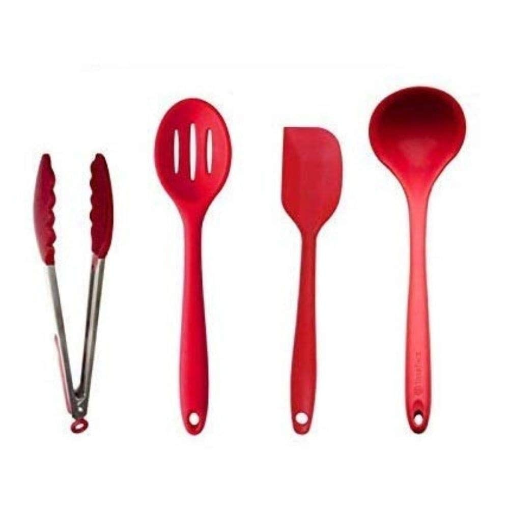 Femora Premium Virgin Silicone Kitchen Tools Combo- Slotted Spoon, Big Spatula, Food Tong, Laddle with Grip Handle, Red, Set of 4
