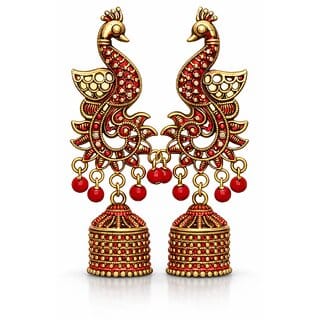 Traditional Peacock Design Red Jhumka Earrings for Women  Ethnic Party  Wedding Jewellery