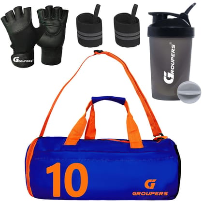 GROUPERS Combo Set of Duffle Polyester Bag with Shaker Bottle-400ml, Wrist Band & Gloves GROUPERS Combo Set of Duffle Polyester Bag with Shaker Bottle-400ml, Wrist Band & Gloves