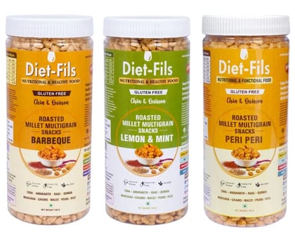 Roasted  Millet Multigrain Snacks Combo Mix | Barbecue |  Lemon & Mint |Peri Peri | Made with Finger Millet, Pearl Millet,Quinoa,Chiaseed,Makhana,Amaranth,Gram,Maize,Rice | Gluten Free |  130 gm x 3