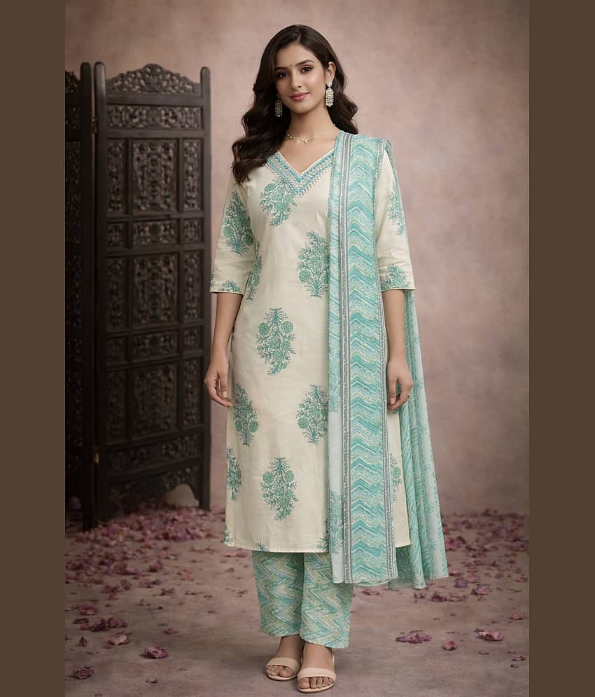 Aarika Women Cotton Printed Straight Kurti With Pants ( Cream )