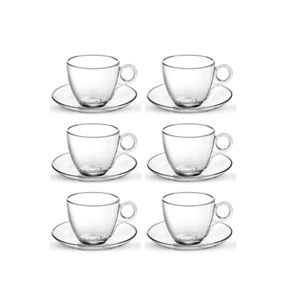 Classic Glass Tea Cup & Saucer Set | Coffee Mug with Handle | Borosilicate Glass Cup for Coffee, Milk, Green and Lemon Tea | 6 Cup and 6 Saucer |