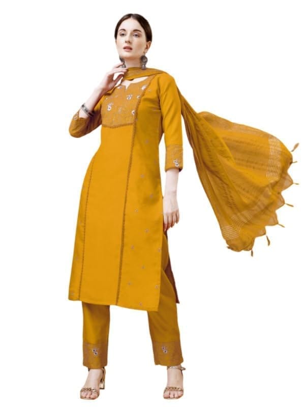 Women's Casual 3-4 th Sleeve Embroidery Cotton Kurti Pant Dupatta Set (Yellow, M)-PID50295