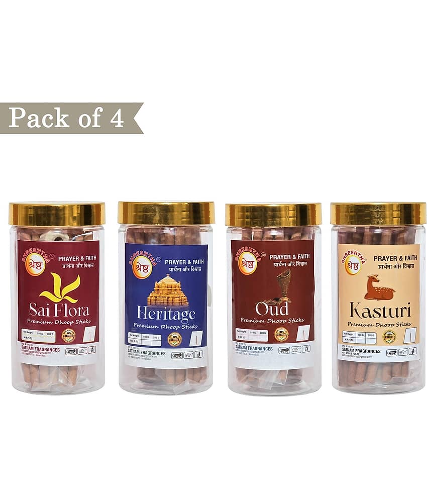 SHRESHTHA Incense Dhoop Sticks Oudh,Kasturi,Sai Flora,Heritage 400 gm ( Pack of 4 )