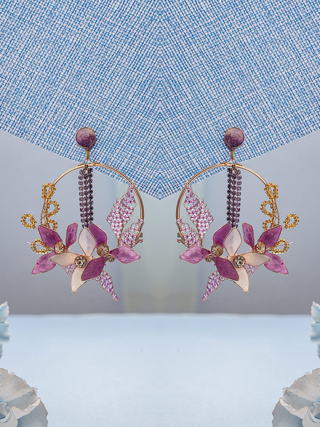 lavender Enamelled Floral Dangler  Statement Earrings