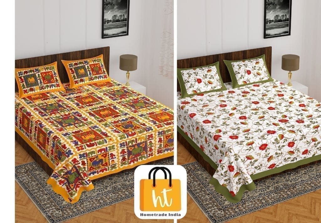 2201-Hometrade India- Standard Double Size (90*100 in )-Combo Jaipuri Double bedsheet With Matching Pillow Cover